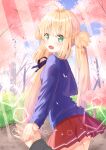  1girl 1other absurdres ahoge alternate_costume aro_1801 artoria_pendragon_(caster)_(fate) artoria_pendragon_(fate) back bangs blonde_hair blue_cardigan blue_ribbon blue_sky blush cardigan cherry_blossoms contemporary eyebrows_visible_through_hair fate/grand_order fate_(series) green_eyes hair_between_eyes highres holding_hands leaf long_hair long_sleeves looking_at_viewer looking_back miniskirt mixed-language_commentary neck_ribbon open_mouth outdoors petals plant pleated_skirt pov red_skirt ribbon sidelocks skirt sky smile tongue twintails very_long_hair 