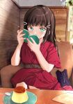  1girl bangs black_hair booklet couch covering_mouth dress food fushimi_asuha green_eyes hair_ornament highres kurosawa_dia long_hair looking_at_viewer love_live! love_live!_sunshine!! pen plate pudding red_dress sidelocks sitting solo spoon table 