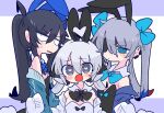  3boys ahoge animal_ears arm_hug black_hair black_leotard blue_bow blue_eyes blue_hair blush bow bowtie bright_pupils detached_collar drooling empty_eyes expressionless eyepatch eyes_visible_through_hair fake_animal_ears fake_tail furrowed_brow grey_eyes grey_hair hair_between_eyes hair_bow heart heart-shaped_pupils heart_ahoge highres leotard long_hair long_sleeves looking_at_viewer low_twintails male_focus multicolored_hair multiple_boys off-shoulder_jacket off-shoulder_sweater off_shoulder op_na_yarou open_mouth original othello-senpai_(op_na_yarou) otoko_no_ko playboy_bunny rabbit_ears rabbit_tail redhead rigel_(op_na_yarou) sanpaku short_twintails silver_hair simple_background sleeves_past_fingers sleeves_past_wrists sweat sweater symbol-shaped_pupils tail twintails two-tone_hair white_background white_leotard white_pupils zense-kun_(op_na_yarou) 