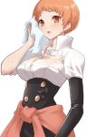  breasts clothes_around_waist fire_emblem fire_emblem:_three_houses garreg_mach_monastery_uniform jacket jacket_around_waist kurosususu leonie_pinelli orange_eyes orange_hair popped_collar short_hair solo_focus sweat towel 