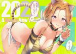  1girl 2022 animal_ears animal_print bikini black_choker breasts choker dermar detached_sleeves green_background happy_new_year highres large_breasts looking_at_viewer nengajou new_year open_mouth orange_hair pink_eyes print_bikini single_sleeve solo speech_bubble swimsuit tail tiger_ears tiger_girl tiger_print tiger_tail translation_request yellow_bikini 