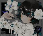  1girl black_eyes black_flower black_rose closed_mouth commentary_request flower green_hair grey_background hair_flower hair_ornament hairclip long_sleeves looking_at_viewer original rose shirt short_hair solo toasu upper_body white_flower white_shirt x_hair_ornament 