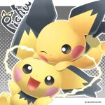  :d black_eyes character_name cheek_squash closed_mouth commentary_request electricity looking_at_viewer no_humans open_mouth outline pichu pokemon pokemon_(creature) sasabunecafe smile tongue 
