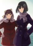  2girls alternate_costume black_hair bow brown_eyes coat haguro_(kancolle) hair_bow hair_ornament height_difference highres kamikaze_(kancolle) kantai_collection long_hair long_sleeves multiple_girls outdoors purple_coat purple_hair purple_scarf red_coat scarf short_hair smile tomoyo_kai violet_eyes yellow_bow 