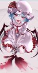  1girl absurdres alcohol ascot bat_wings blue_hair chromatic_aberration cup drinking_glass fangs frills hat hat_ribbon highres kneeling mizoreshi mob_cap red_eyes remilia_scarlet ribbon short_hair solo spill tongue tongue_out touhou wine wine_glass wings 