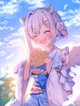  1girl :d absurdres amane_kanata angel_wings animal_ear_fluff animal_ears bangs blue_hair blue_kimono blush closed_eyes clouds cloudy_sky commentary_request day extra_ears eyebrows_visible_through_hair facing_viewer feathers floral_print flower hair_bun hair_flower hair_ornament hanen_(borry) highres holding hololive japanese_clothes kimono long_sleeves multicolored_hair obi outdoors pink_hair print_kimono ribbon-trimmed_sleeves ribbon_trim sash short_hair silver_hair sky smile solo streaked_hair translation_request upper_body virtual_youtuber white_flower wings x_hair_ornament 