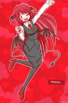  1girl ;d artist_name bangs bat_wings black_legwear black_skirt black_vest character_name collared_shirt demon_tail eyebrows_visible_through_hair full_body head_wings heart heart_background highres koakuma long_hair long_sleeves looking_at_viewer merbromin multiple_wings necktie one_eye_closed open_mouth outline red_background red_eyes red_footwear red_necktie redhead shirt skirt smile solo tail touhou vest white_outline white_shirt wings 