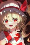  1girl :d bangs black_background blonde_hair blurry depth_of_field eyebrows_visible_through_hair fang fangs flandre_scarlet hat hat_ribbon highres kiramarukou light_particles looking_at_viewer mob_cap one_side_up open_mouth red_eyes red_ribbon ribbon signature slit_pupils smile solo touhou twitter_username upper_body white_background white_headwear wrist_cuffs 