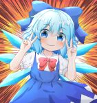  1girl bangs blue_bow blue_dress blue_eyes blue_hair blush bow bowtie cirno collared_shirt coruthi double_v dress eyebrows_visible_through_hair hair_bow highres ice ice_wings looking_at_viewer pinafore_dress red_bow red_bowtie shirt short_hair smile solo touhou v white_shirt wings 