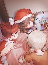  100zi 3girls alternate_headwear antlers bangs blue_shirt brown_dress brown_hair christmas_lights christmas_tree closed_eyes closed_mouth commentary dress fake_antlers finnish_commentary fur-trimmed_dress fur_trim girls_und_panzer hair_tie hat highres keizoku_school_uniform leaning_forward light_brown_eyes long_hair long_sleeves looking_at_another low_twintails mika_(girls_und_panzer) mixed-language_commentary multiple_girls red_dress redhead reindeer_antlers sack santa_dress santa_hat school_uniform shirt short_sleeves sleeping sleeveless sleeveless_dress smile snowman striped striped_shirt tulip_hat twintails vertical-striped_shirt vertical_stripes 