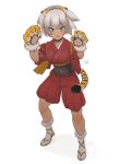  1girl alternate_costume animal_hands bangs bea_(pokemon) blush chinese_zodiac clip_studio_paint_(medium) commentary_request full_body gloves grey_eyes grey_hair hairband hatonosuke. highres jacket looking_at_viewer open_mouth paw_gloves pokemon pokemon_(game) pokemon_swsh red_jacket red_shorts sandals sash short_hair short_sleeves shorts socks solo standing tabi tail teeth tiger_tail upper_teeth year_of_the_tiger 