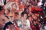  1girl 2022 artist_request blonde_hair crystal fang flandre_scarlet happy_new_year new_year one_side_up puffy_short_sleeves puffy_sleeves red_eyes red_skirt red_vest shirt short_hair short_sleeves skirt solo touhou vest white_shirt wings 