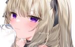  1girl :3 bangs black_ribbon blush close-up closed_mouth commentary_request eyebrows_visible_through_hair eyelashes hair_ribbon light_brown_hair long_hair looking_at_viewer mafuyu_(chibi21) original portrait ribbon signature simple_background solo violet_eyes white_background 