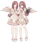  2girls absurdres bangs bare_legs bare_shoulders black_wings burnt_clothes closed_mouth cross-laced_clothes detached_sleeves dress earrings feathered_wings fingers_together frilled_dress frilled_footwear frills full_body gocoli hair_ribbon hands_up highres idolmaster idolmaster_shiny_colors interlocked_fingers jewelry long_hair long_sleeves looking_at_viewer multicolored_wings multiple_girls off-shoulder_dress off_shoulder oosaki_amana oosaki_tenka own_hands_clasped own_hands_together praying redhead ribbon shoes short_sleeves siblings side_slit single_wing sisters smile standing swept_bangs twins very_long_hair w_arms white_dress white_footwear white_wings wings wrist_cuffs yellow_eyes 