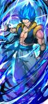  1boy abs aura bare_shoulders belt blue_belt blue_eyes blue_hair blue_theme clenched_hand closed_mouth collarbone dragon_ball dragon_ball_super energy gogeta highres kamonegi_(meisou1998) light_particles male_focus muscular muscular_male puffy_pants sketch smile solo spiky_hair standing wind wristband 