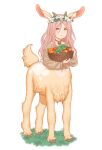  1girl animal_ears artist_name basket bell blush brown_shirt carrot carrying centauroid collar commentary english_commentary flower food full_body goat_girl goat_horns grass hair_ornament hair_strand head_wreath highres horns light_smile long_hair long_sleeves looking_at_viewer monster_girl navel neck_bell orange_eyes original pink_hair shirt solo standing susukitten tail taur tomato vegetable white_background 