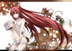  bandage bebemoko elfen_lied flower helmet highres horns long_hair lucy red_eyes red_hair redhead solo title_drop very_long_hair 