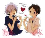  ^_^ blue blue_eyes brown_hair closed_eyes flower heart heart_hands ikari_shinji moe_moe_kyun! multiple_boys nagisa_kaworu neon_genesis_evangelion rose silver_hair smile 