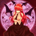  adapted_costume bat_wings breasts cleavage cleavage_cutout head_wings hexagram highres koakuma large_breasts long_hair magic_circle necktie pointy_ears red_eyes red_hair redhead saemon saemon_(tonpura) solo touhou wings 