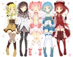  5girls ^_^ akemi_homura beret black_hair blonde_hair blue_eyes blue_hair bow cape closed_eyes colored_eyelashes drill_hair fingerless_gloves gloves hair_ribbon hairband hat holding_hands jimmy kaname_madoka long_hair mahou_shoujo_madoka_magica miki_sayaka multiple_girls open_mouth pink_hair ponytail red_eyes redhead ribbon sakura_kyouko short_hair skirt smile tears thigh-highs tomoe_mami twin_drills twintails yellow_eyes 