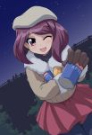  bioroid_hei blush gloves hat jacket leggings miyabe_kasumi multicolored_hair pantyhose pink_eyes purple_hair skirt wink 