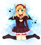  bad_id bat_wings blonde_hair blush boots breasts cleavage cleavage_cutout gothic_lolita green_eyes hairband hatori_kanon headdress heart heart_cleavage_cutout kneeling lolita_fashion ribbon smile solo thigh-highs thighhighs wings 