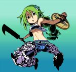  alternate_costume aoi_tobira aqua_background cleaver green_hair kochiya_sanae lowres parody sekaiju_no_meikyuu sekaiju_no_meikyuu_3 touhou warrior_(sekaiju) 