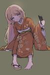  1girl bad_feet bad_hand barefoot blonde_hair blush_stickers buwei_(ironypot) cat_ornament closed_mouth comb dangan_ronpa_(series) dangan_ronpa_2:_goodbye_despair error floral_print frown full_body hair_ornament_removed hand_up highres holding holding_comb japanese_clothes kimono long_hair long_sleeves looking_at_viewer obi orange_kimono saionji_hiyoko sash shoes simple_background single_shoe sitting solo wide_sleeves 