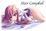  gloves gundam_seed gundam_seed_destiny hair_ornament leotard long_hair lying meer_campbell pink_hair purple_eyes smile tonpuu 