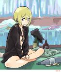  bottle clothes erica_hartmann face grin hands_on_feet hat indian_style medal messy_room open_clothes open_shirt peg shirt sitting smile strike_witches 