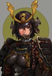  black_hair breastplate breasts bust helmet kabuto lips original red_eyes ryouki_tamashii samurai samurai_armor shikoro short_hair smile sode solo 