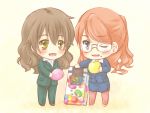  blue_eyes blush brown_eyes brown_hair chibi chocolate eating food food_on_face glasses kiyama_harumi long_hair orange_hair pantyhose piku short_hair telestina_kihara_lifeline terestina_kihara_lifeline to_aru_kagaku_no_railgun to_aru_majutsu_no_index wink yellow_eyes 