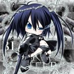  bikini_top black_hair black_rock_shooter black_rock_shooter_(character) blue_eyes boots chain chains chibi glowing glowing_eyes long_hair scar shorts smile solo star sword twintails weapon 