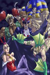  abs anakaris aulbath balrog bandage bare_shoulders bat_wings blonde_hair blue_eyes bolts boxing_gloves braid breasts brown_eyes brown_hair cammy_white capcom cape cleavage dark_skin demitri_maximoff detached_sleeves fangs fins gloves grin hat head_wings highres leotard lilith_aensland m_bison muscle nails necktie pantyhose parody ponytail sagat sagattoru scar sitting smile street_fighter sweat sweatdrop teeth tongue twin_braids vampire_(game) vega victor_von_gerdenheim white_eyes wings 