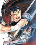  agahari armor bandage bandages berserk black_hair cape dragonslayer_(sword) guts huge_weapon male open_mouth short_hair solo sword weapon wink 