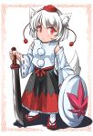  animal_ears bad_id detached_sleeves geta hat inubashiri_momiji red_eyes sandals shield short_hair shtb solo sword tabi tail tengu-geta tokin_hat touhou weapon white_hair wolf_ears wolf_tail 