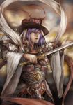  adapted_costume alternate_costume armor belt breastplate chinese_clothes cloud faulds full_armor hat hat_ribbon helmet highres knight long_sword matsutake_umeo nagae_iku outdoors purple_hair red_eyes ribbon shawl short_hair sky solo spaulders sword touhou weapon wide_sleeves 