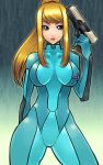  blue_eyes bodysuit gun lips long_hair metroid nek nintendo ponytail samus_aran solo weapon zero_suit 