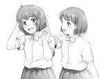  2girls aiba-tsukiko blush bow bowtie hair_tussle monochrome multiple_girls original playing_with_hair school_uniform short_hair 