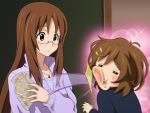  blush_stickers brown_eyes brown_hair glasses hair_ornament hairclip hirasawa_yui jewelry k-on! long_hair mameshiba money money_slap motion_blur pendant popped_collar school_uniform slap slap_mark slapping sparkle sweater yamanaka_sawako 