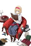  blonde_hair blue_eyes book boots doll from_above hairband looking_at_viewer nabeshima_tetsuhiro reading shanghai shanghai_doll short_hair simple_background sitting solo touhou typewriter 