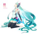  anklet aqua_hair barefoot bridal_gauntlets closed_eyes feet hatsune_miku hatsune_miku_(append) highres jewelry kneeling long_hair mashibaya miku_append necktie thigh-highs thighhighs toeless_socks twintails very_long_hair vocaloid vocaloid_append wings 