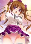  bespectacled brown_hair cellphone checkered checkered_skirt cpu_(artist) glasses hat himekaidou_hatate necktie panties phone purple_eyes short_hair skirt solo tokin_hat touhou twintails underwear violet_eyes 