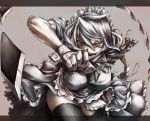  bow braid breasts crazy_eyes gloves izayoi_sakuya large_breasts maid maid_headdress matsutake_umeo panties pantyshot red_eyes ribbon short_hair silver_hair skirt solo thigh-highs thighhighs touhou underwear wrist_cuffs 