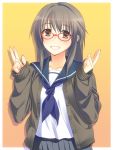  brown_hair cardigan glasses grin highres red-framed_glasses school_uniform serafuku skirt smile yuuki_keisuke 