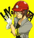  brown_eyes brown_hair collarbone from_above glasses gloves gym_leader hands helmet hirococo hirococo_(hakka) hyouta_(pokemon) lowres male nintendo pokemon pokemon_(game) pokemon_dppt red_eyes romaji shirt simple_background smile solo 