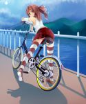  :o alternate_costume armpits ass bare_shoulders bicycle bow brown_hair contemporary hagane7728 hair_bow hakurei_reimu legs looking_back red_eyes short_hair solo striped striped_legwear striped_thighhighs tank_top thigh-highs thighhighs touhou 