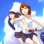  black_eyes black_hair brown_eyes brown_hair cloud clouds glasses long_hair school_uniform short_hair sky utu 