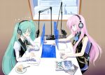  book cake cup food fork hatsune_miku headphones holographic_interface jajanuba long_hair megurine_luka microphone monitor multiple_girls necktie paper pastry pixiv pointing radio_booth studio_microphone teacup twintails vocaloid 