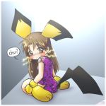  animal_ears brown_eyes brown_hair china_dress chinese_clothes electricity long_hair moemon nintendo personification pichu pokemon purple_dress simple_background sitting solo tail 